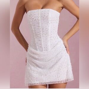 Oh Polly White Pearl-Embellished Strapless Dress
